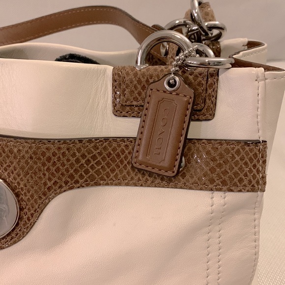 COACH Penelope Ivory Leather Brown Snakeskin Carryall Tote Bag - Picture 8 of 11